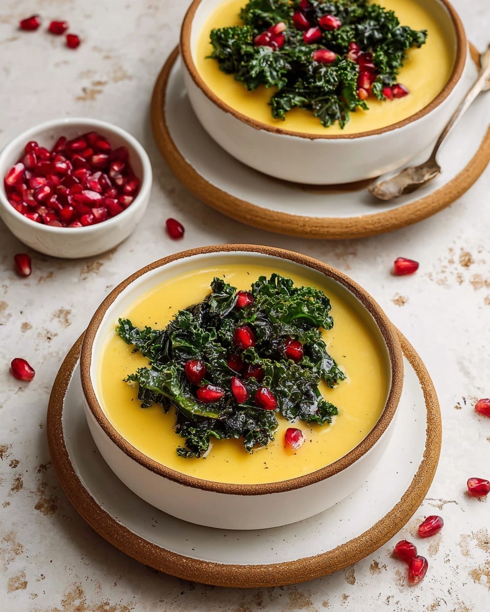 Two white ceramic bowls sit on matching white plates with a brown rim, filled with smooth yellow soup. On top of each soup bowl is a layer of dark green, crispy kale leaves, sprinkled with bright red pomegranate seeds. A small white bowl off to the left holds extra pomegranate seeds. The setup is on a white marbled texture surface with some scattered pomegranate seeds around the bowls. photo taken with an iphone --ar 4:5 --v 7