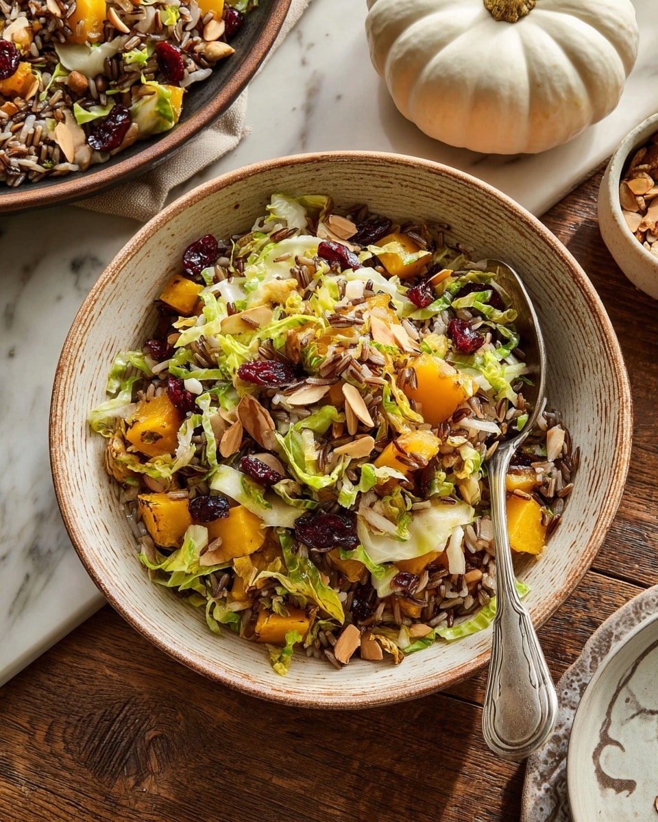 A bowl with a textured beige and brown outer rim holds a mixed rice salad that has three main layers: the bottom layer consists of cooked wild and brown rice with a slightly glossy texture; the middle layer combines lightly sautéed pieces of yellow-orange squash, green shredded cabbage, and small chunks of cooked onions with a translucent quality; the top layer is sprinkled with reddish dried cranberries and light tan almond slices, adding a crunchy texture. A silver spoon rests inside the bowl, partially mixed with the salad. The bowl is placed on a wooden table with a small white pumpkin and parts of other dishes around it, all set against a white marbled surface. photo taken with an iphone --ar 4:5 --v 7