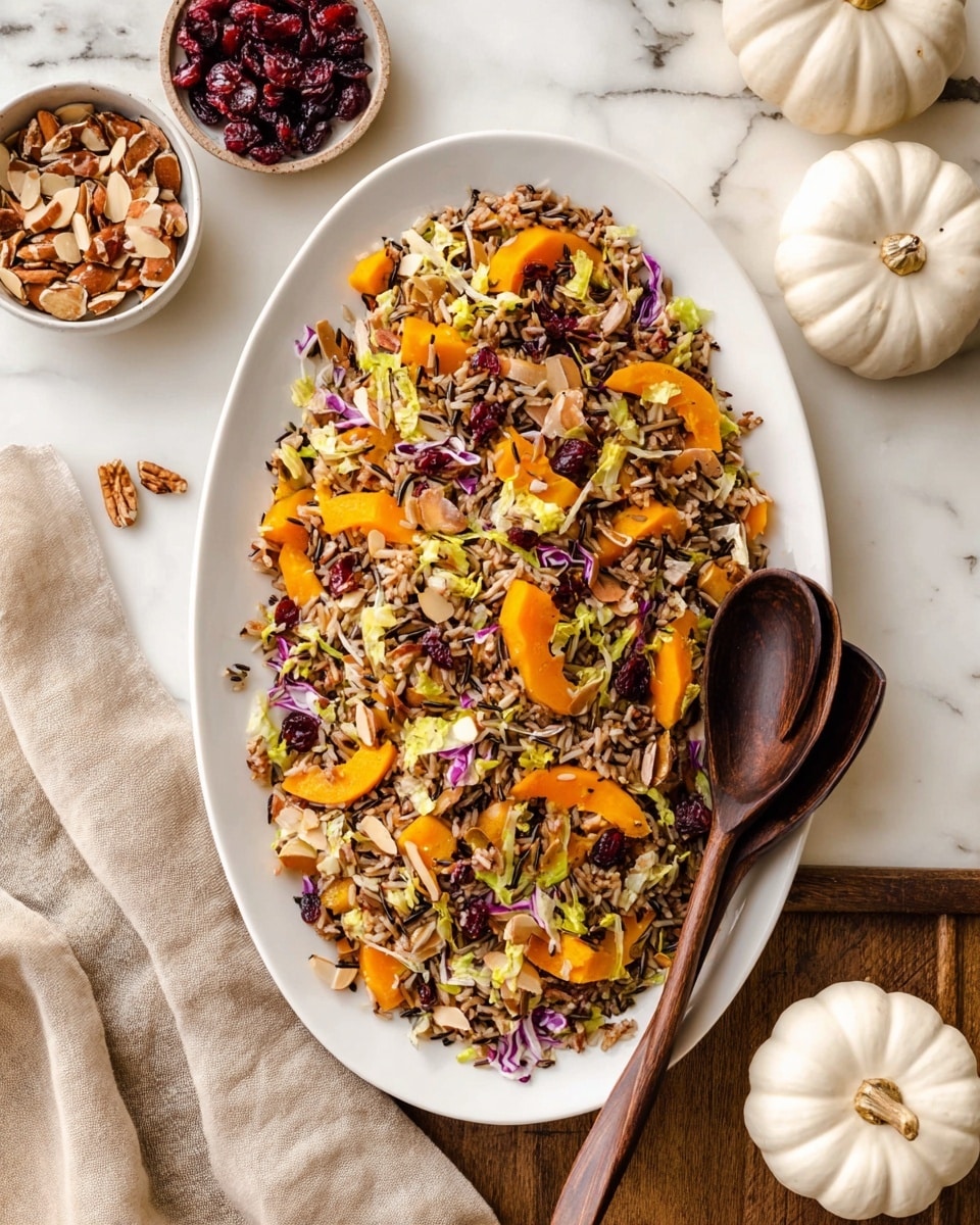 An oval white plate holds a colorful mixed rice salad with visible layers of wild rice and brown rice forming the base, scattered with bright orange cooked squash slices, small chunks of purple onion, and light green shredded cabbage. Mixed within are dark red dried cranberries and thin almond slices adding texture, with a pair of dark wooden serving spoons resting on top. Around the plate are small white bowls containing sliced almonds and dried cranberries, all set on a white marbled textured surface with a beige cloth napkin and two small white pumpkins placed nearby. Photo taken with an iphone --ar 4:5 --v 7