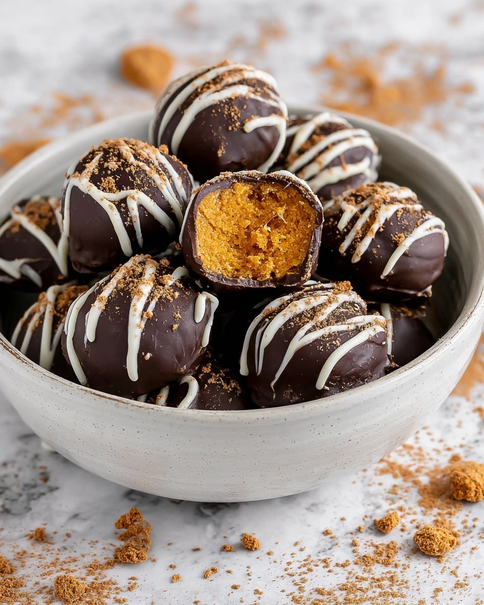 The image shows a group of small round treats stacked on a white plate with a white marbled surface underneath. Each treat has two visible layers: the inner layer is a crumbly orange texture, while the outer layer is a smooth dark brown chocolate coating. Light beige creamy drizzle is sprayed over the chocolate, adding a decorative touch. One treat in the front is cut in half, revealing the bright orange crumb inside and the chocolate coating around it. There are some brown powder sprinkles scattered around on the white marbled surface. photo taken with an iphone --ar 4:5 --v 7