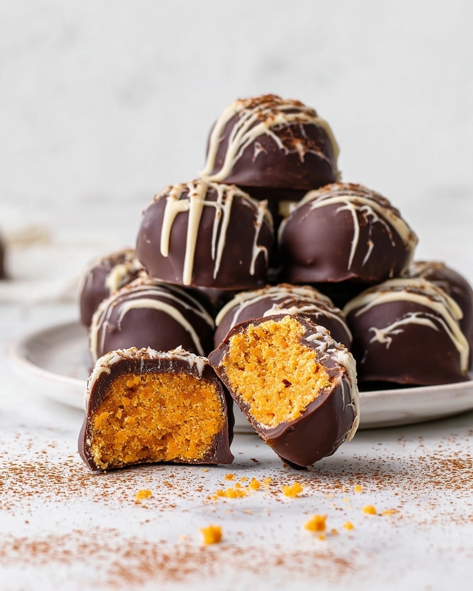 A white bowl filled with round chocolate-covered treats each drizzled with white icing in a random pattern, the outer chocolate layer is dark and smooth with a dusting of brown powder on top. One treat is cut in half on top, showing a thick, crumbly, bright orange-brown filling inside, textured like a dense cookie dough. The bowl sits on a white marbled surface scattered with the same brown powder, and the overall look is cozy and inviting. photo taken with an iphone --ar 4:5 --v 7