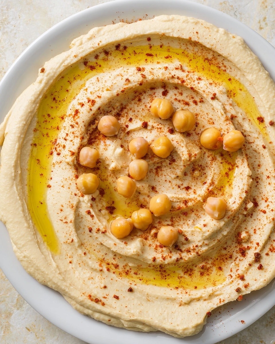 A white plate holds a creamy, smooth spread of light beige hummus with a swirled texture forming shallow waves around the center. The hummus is topped with a drizzle of golden olive oil that pools slightly in the swirls, adding a glossy shine. Scattered on top are whole cooked chickpeas of a light brown color, some resting near the outer edge, others spread towards the middle. The surface is dusted lightly with reddish paprika, giving small specks of color across the hummus. The plate sits on a white marbled textured surface. Photo taken with an iphone --ar 4:5 --v 7