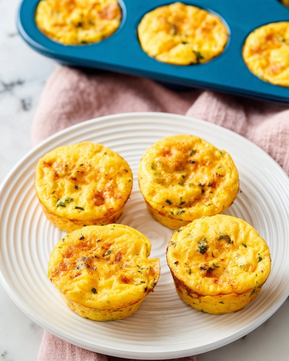 Four small, round egg muffins with a golden yellow top and browned spots sit on a white plate featuring circular ridges. The muffins have a slightly puffed texture with visible small green herb bits and some darker specks inside. Behind the plate, a blue muffin tray holds more egg muffins still in their cavities, and a soft pink cloth is partially visible beneath the plate. The background is a white marbled texture. photo taken with an iphone --ar 4:5 --v 7