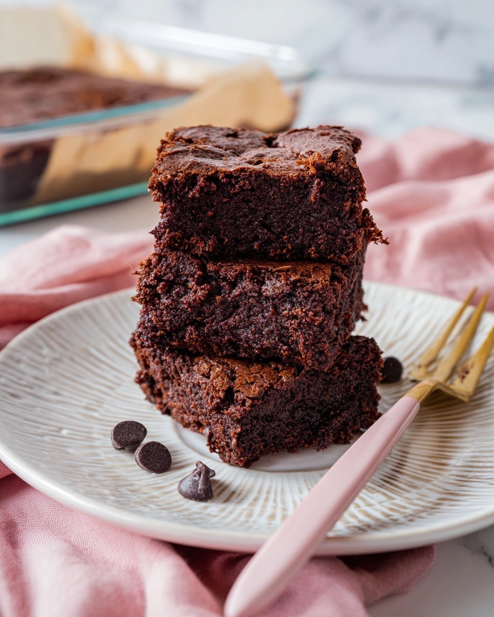Three thick, moist chocolate brownies are stacked one on top of another on a white plate with a textured, circular pattern. Each brownie has a dark brown, slightly cracked top layer with a rich, dense, and soft-looking inside texture. A few scattered dark chocolate chips rest on the plate around the brownies. A pale pink fork with a gold head lies diagonally across the plate. The plate sits on a white marbled surface, and a soft pink cloth is partially visible around it. In the background, a glass baking dish with parchment paper is slightly out of focus. Photo taken with an iphone --ar 4:5 --v 7