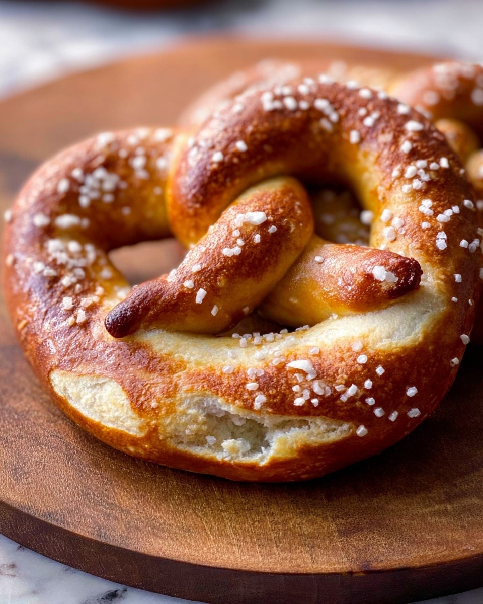 A close-up of a single golden-brown soft pretzel with coarse white salt sprinkled unevenly on top, showing a smooth, shiny, and slightly crisp crust with some light cracks. The pretzel has a classic twisted shape and sits on a wooden board with a white marbled textured surface in the background. The lighting highlights the soft, doughy inside visible at a slight tear near the bottom edge of the pretzel. photo taken with an iphone --ar 4:5 --v 7