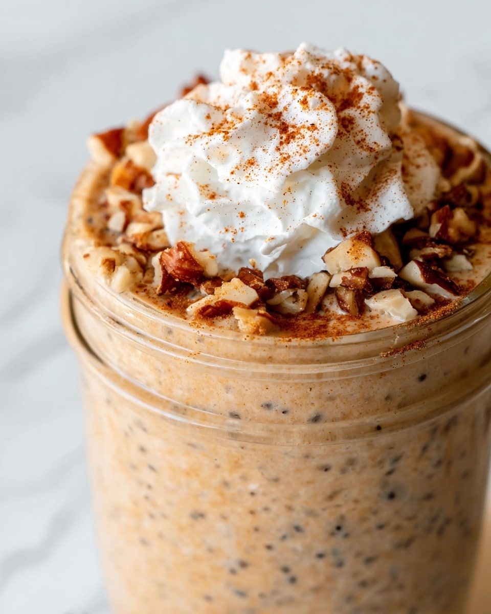 A close-up view of a creamy light brown smoothie in a clear glass jar, showing small dark specks throughout the drink. On top, a dollop of white whipped cream is generously placed, sprinkled with a light dusting of cinnamon powder. Around the whipped cream, there is a layer of mixed chopped nuts, adding texture with their varied shades of brown and tan. The jar sits against a soft white marbled surface background. photo taken with an iphone --ar 4:5 --v 7