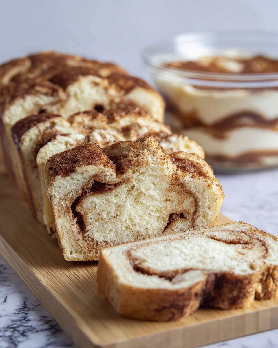 The image shows several slices of a light-colored bread loaf with swirled cinnamon layers on a wooden cutting board. Each slice reveals a soft texture with visible brown cinnamon powder sprinkled over and inside the swirls. In the background, there is a transparent glass bowl filled with a similar layered dessert that has cream and brown cinnamon layers, slightly blurred. The setting surface is a white marbled texture. Photo taken with an iphone --ar 4:5 --v 7