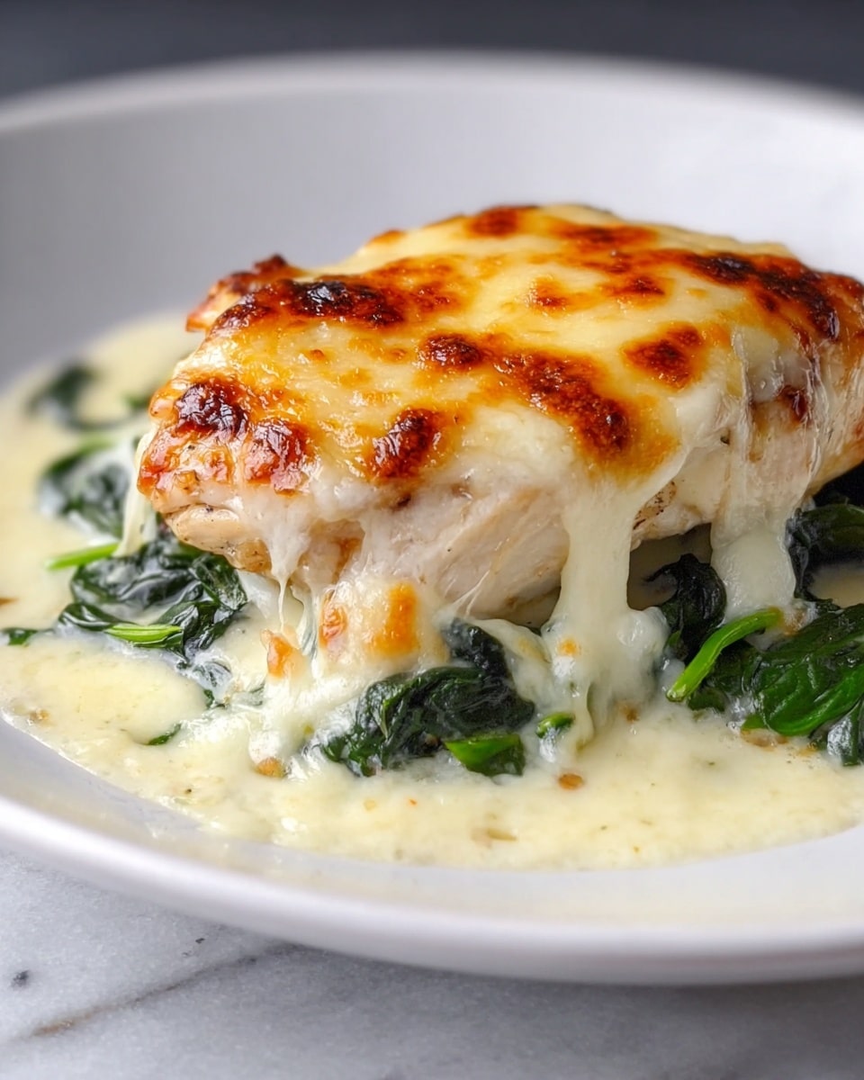 A white baking dish holds a creamy baked chicken spinach casserole. The bottom layer is creamy white sauce with bright green spinach leaves mixed in, topped with tender white chicken pieces partially covered by the spinach and sauce. The top layer is melted cheese, golden and bubbly with orange spots from browning, covering the entire dish. A silver spoon is digging into the dish from the right side, revealing the layers underneath. The dish sits on a white marbled surface with a green spinach leaf in the upper right corner. photo taken with an iphone --ar 4:5 --v 7