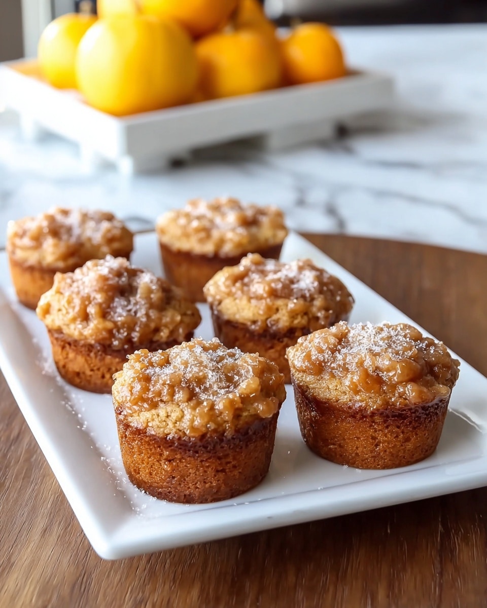 Six small muffins are arranged in two rows of three on a white rectangular plate. Each muffin has a golden brown base with a slightly crisp texture and is topped with a chunky, light caramel-colored layer that looks moist and textured, sprinkled lightly with powdered sugar. The plate is set on a wooden surface, and in the blurred background, there is a white marbled texture and a white tray holding small round yellow pumpkins. The lighting is soft and natural. photo taken with an iphone --ar 4:5 --v 7