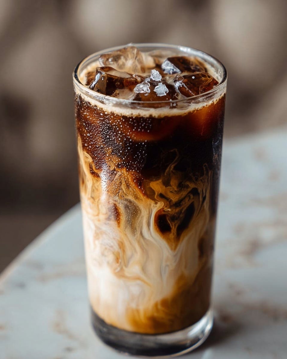 A tall clear glass filled with iced coffee showing three main layers: at the bottom, a creamy light beige layer; in the middle, a swirling mix of dark brown coffee and cream creating wave-like patterns; at the top, dark coffee with several ice cubes floating inside and small white coarse salt crystals sprinkled on the surface, all beads of condensation are visible on the outside of the glass, placed on a table with a white marbled texture in the background. photo taken with an iphone --ar 4:5 --v 7