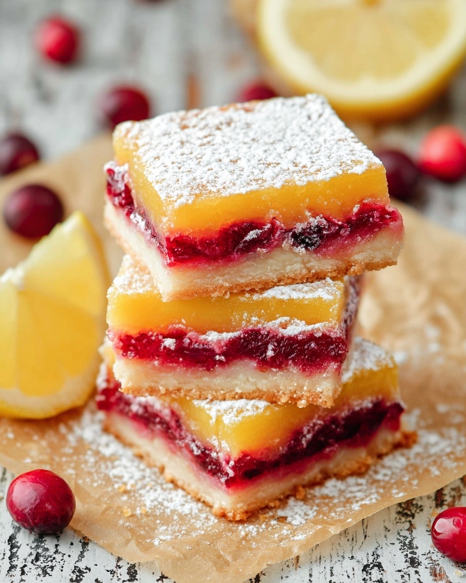 The image shows a close-up view of square lemon cranberry bars arranged on parchment paper over a wooden surface. Each bar has three layers: the bottom layer is a light, beige crust; the middle layer is a thick, bright red cranberry filling with a slightly bumpy texture; the top layer is a smooth, golden yellow lemon custard dusted with white powdered sugar. Fresh whole cranberries and halved lemons are scattered around the bars, adding contrasting round shapes and vibrant red and yellow colors. The overall scene is bright and inviting, with the bars in the foreground sharply focused. Photo taken with an iphone --ar 4:5 --v 7