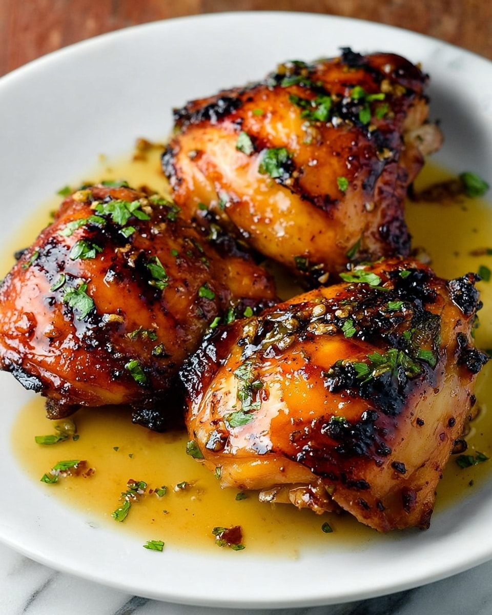 The image shows three pieces of grilled chicken thighs placed on a white plate. Each piece has a shiny, caramelized golden-brown skin with darker char marks and spots scattered across the surface. Small green herb bits, likely parsley, are sprinkled on top and around the chicken, adding a fresh touch. A light, slightly oily sauce pools on the plate underneath the chicken, reflecting the light and enhancing the glazed look. The plate sits on a white marbled texture. photo taken with an iphone --ar 4:5 --v 7