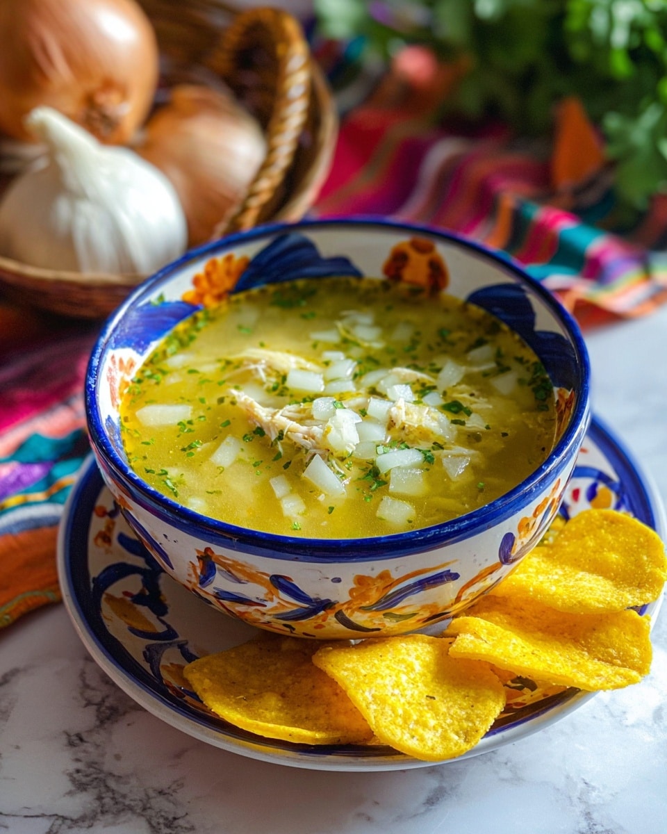 The image shows a bowl filled with yellowish chicken soup, topped with small pieces of white onion and chopped green herbs, likely cilantro, scattered on top. The bowl is decorated with blue and orange floral and geometric patterns. Around the bowl, there are several curved, yellow fried corn chips placed on a white marbled surface. In the background, there is a basket with whole garlic bulbs and some green leaves, slightly out of focus. The entire scene is set against a white marbled surface with a colorful checkered cloth nearby. photo taken with an iphone --ar 4:5 --v 7