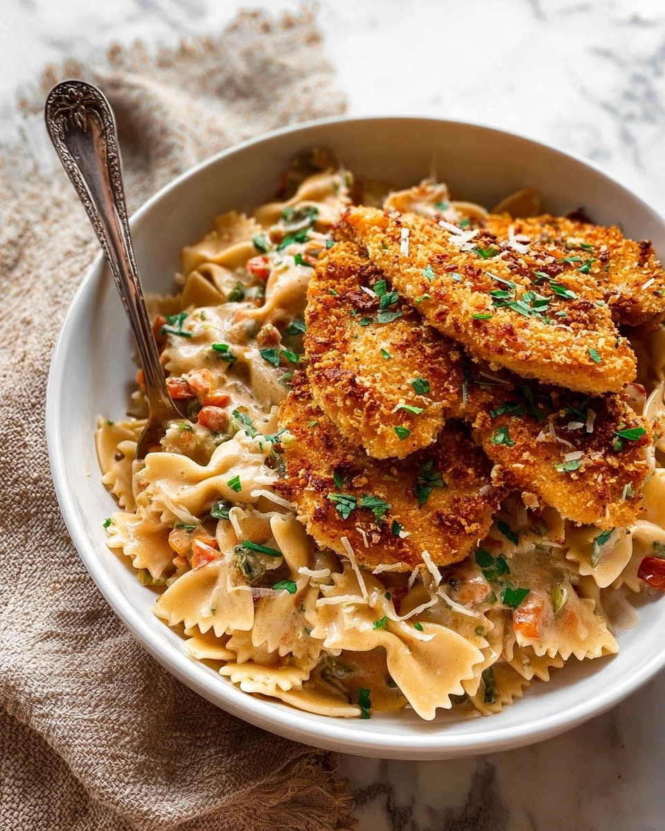 A white bowl holds a dish with two main layers: the bottom layer is creamy bowtie pasta mixed with small orange and red vegetable pieces and coated in a light beige, thick sauce with visible herbs; on top, there are three golden brown breaded chicken fillets crispy on the outside, sprinkled with chopped green herbs and grated cheese. A silver fork rests on the left side of the bowl. The bowl sits on a white marbled surface with a textured beige cloth partially visible in the bottom left corner. Photo taken with an iphone --ar 4:5 --v 7