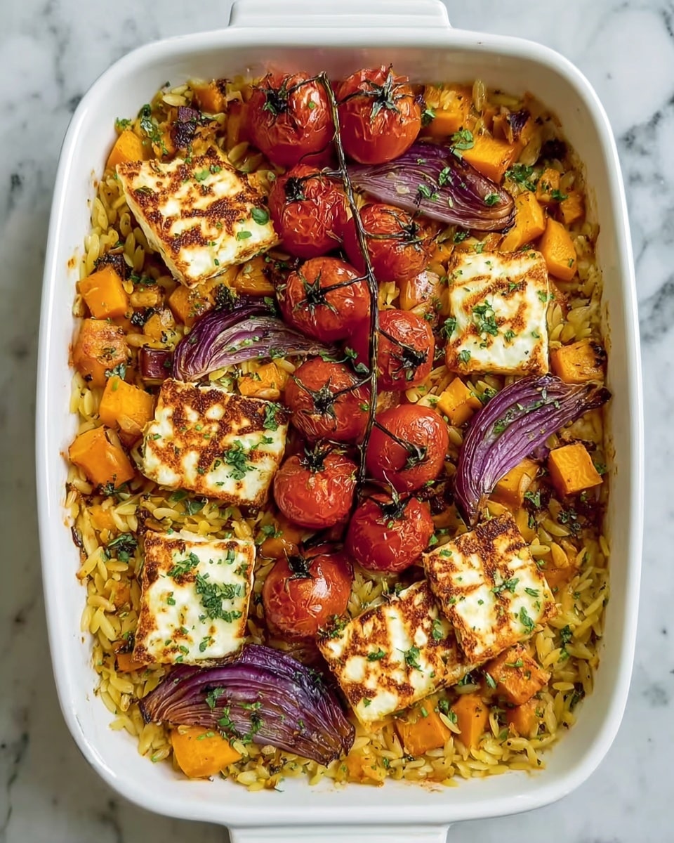 A white baking dish filled with a layered vegetable and cheese bake sits on a white marbled surface. The base layer is made of small, light golden orzo pasta mixed with herbs, topped with roasted orange chunks of butternut squash scattered evenly throughout. On top of this, there are several browned, square pieces of grilled halloumi cheese whose edges show a slightly crispy texture. Bright red roasted cherry tomatoes on their small green stems are arranged across the dish, along with slightly charred thin wedges of purple-red onion. Finishing touches include a sprinkling of chopped green herbs, adding a fresh look to the warm, inviting colors of the baked dish. Photo taken with an iphone --ar 4:5 --v 7
