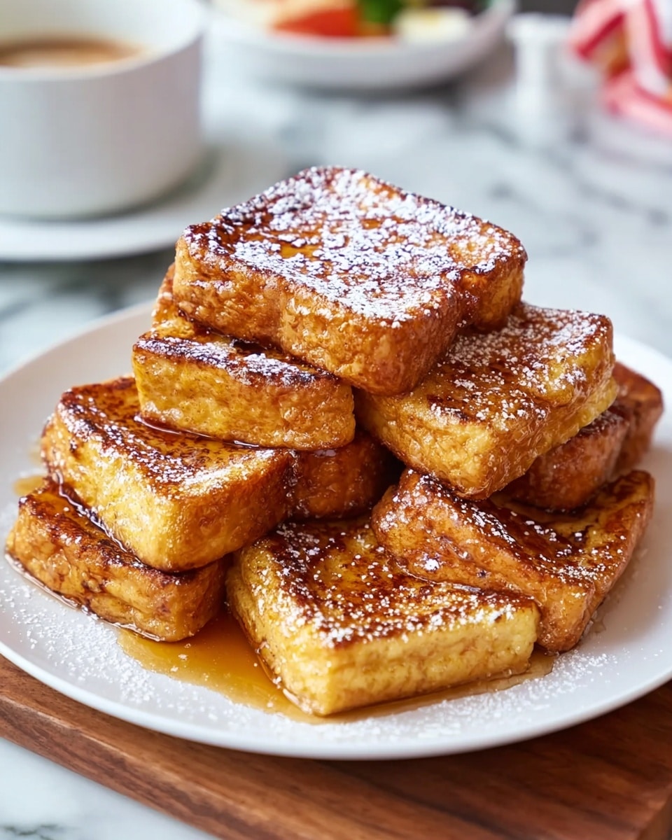 A white plate holds a stack of eight thick, golden-brown French toast pieces arranged in three layers; the bottom layer has four pieces, the middle layer three pieces, and the top layer one piece dusted with powdered sugar. Each toast piece has a crispy, slightly caramelized texture with a shiny syrup glaze, and the edges are lightly browned. The plate sits on a wooden board over a white marbled surface. In the blurred background, part of a white bowl and another white plate are visible. photo taken with an iphone --ar 4:5 --v 7