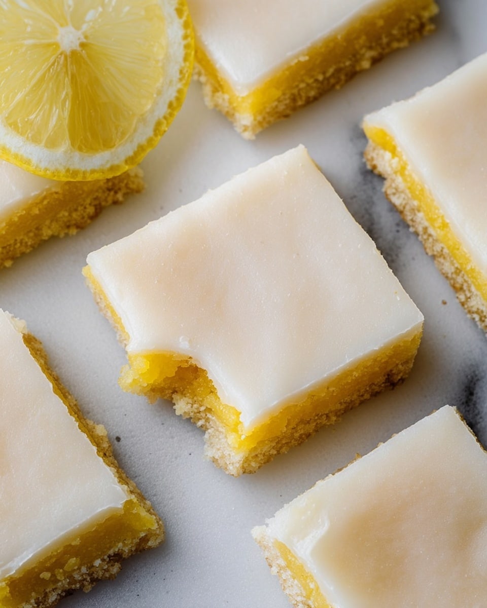 The image shows several square lemon bars arranged on a white marbled surface. Each bar has two layers: a thick, bright yellow base with a textured, crumbly look, topped by a smooth, pale off-white icing layer that covers the entire top. The bars are cut sharply, showing clean edges, and one bar has a small bite taken from the corner. A thin lemon slice with a translucent, yellow rind is placed near the top left corner. photo taken with an iphone --ar 4:5 --v 7