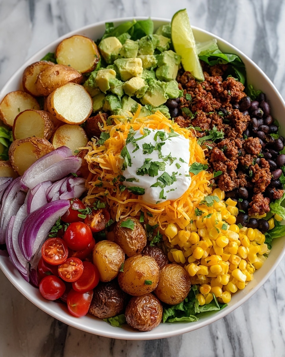 The dish is a colorful bowl with several layers arranged in sections on top of a bed of green lettuce leaves. Starting from the top left, there is a layer of sliced cooked potatoes with a light brown, slightly crispy texture. Next to it is a generous pile of chunky avocado pieces, light green and creamy-looking. Beside the avocado is a portion of dark brown ground beef mixed with black beans. Below the beef is a bright yellow sweet corn layer, each kernel shiny and fresh. To the left of the corn are red cherry tomatoes, some halved, showing a juicy texture. Below the tomatoes and potatoes are small roasted baby potatoes, golden brown with crispy skin. On the left side are thin slices of purple-red onion. In the center of the bowl is a mound of shredded orange cheddar cheese topped with a dollop of white sour cream, sprinkled with green chopped cilantro. A thin lime wedge peeks out near the avocado. The bowl is white, placed on a white marbled surface, photographed up close. Photo taken with an iphone --ar 4:5 --v 7