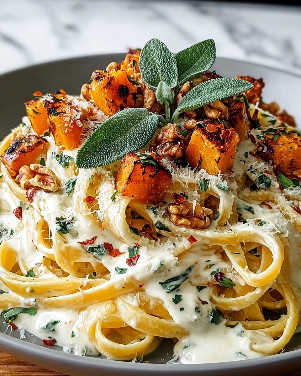 A white plate holds a pile of creamy pasta with a light yellow color and smooth texture forming the base layer. On top of the pasta is a thick white sauce with green herb specks, spreading unevenly across the noodles. Above the sauce are crispy brown cubes of roasted vegetables or tofu, showing a rough and charred texture. Scattered over everything are small chopped green herbs and bright red chili flakes. The dish is finished with walnut pieces and fresh green herb leaves placed at the very top, adding a natural and fresh look. The plate rests on a white marbled surface. photo taken with an iphone --ar 4:5 --v 7