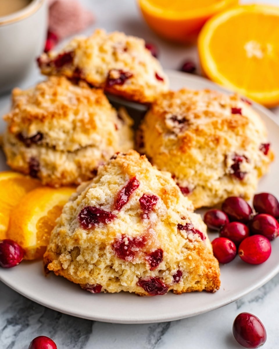 The image shows golden brown scones with a crumbly topping on a white plate. The scones have visible red cranberry pieces baked inside, creating bright red spots amidst the golden crust. The topping looks slightly crispy and textured with light brown crumbs scattered unevenly. The plate holds three scones, with two in the background and one in the front center. Surrounding the plate are fresh cranberries and slices of orange, adding color contrast with deep red and bright orange against the white marbled surface. The lighting highlights the warm tones and crumbly texture of the scones. Photo taken with an iphone --ar 4:5 --v 7