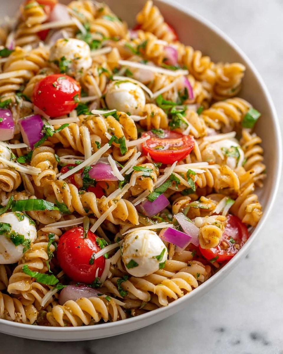 A close-up view of a white bowl filled with a colorful pasta salad on a white marbled surface. At the base, there are light brown rotini pasta spirals mixed evenly throughout. Scattered on top and inside the pasta are bright red cherry tomato halves, chunks of white mozzarella balls, and pieces of purple onion. Green bits of fresh herbs add a burst of color and freshness, and thin strips of pale cheese are sprinkled across the entire dish. The textures vary from the firm pasta spirals to the smooth mozzarella and crisp vegetables. Photo taken with an iphone --ar 4:5 --v 7