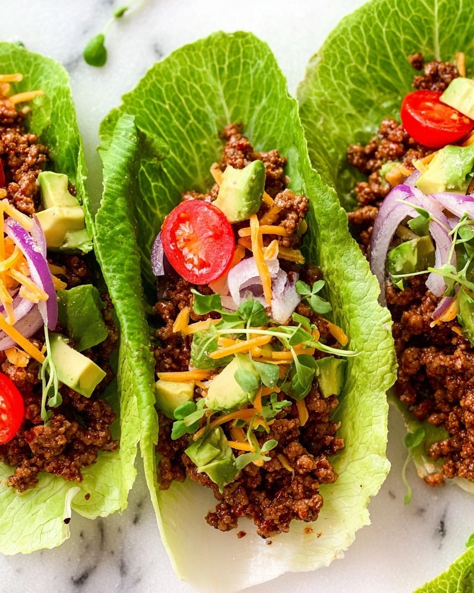 Three lettuce wraps sit side by side on a white marbled surface, each made with a bright green leaf base that has visible veins and a crisp texture. On top of each leaf is a generous layer of cooked ground meat, dark brown and crumbly. Scattered among the meat are small red cherry tomato halves, adding bright spots of color. Thin slices of pale purple onion are layered over the meat and tomatoes, mixed with small chunks of creamy light green avocado. Finely shredded yellow and white cheese is sprinkled on top, along with a few fresh green herb leaves, adding contrast and freshness. photo taken with an iphone --ar 4:5 --v 7