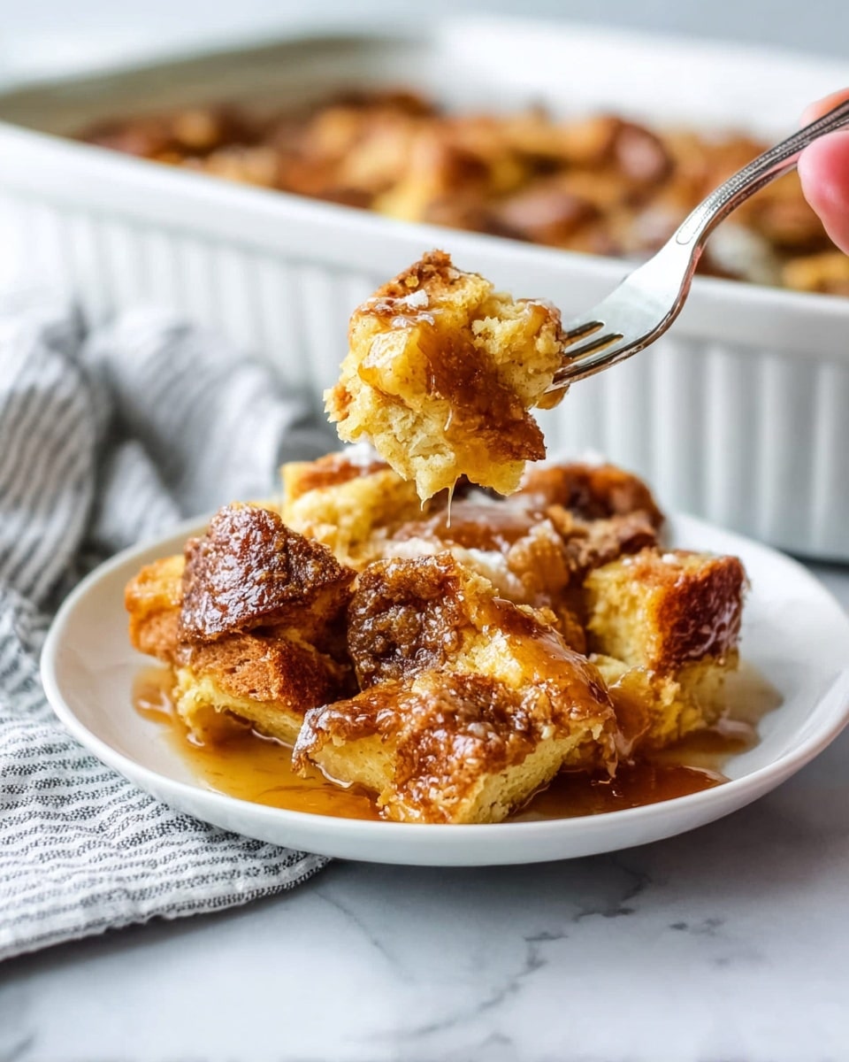 A white plate holds a serving of bread pudding with a golden brown top that looks slightly crispy and caramelized. The bread pieces are cut into irregular small chunks, showing a soft, moist inside with hints of cream or custard between the pieces. A woman's hand holds a silver fork lifting a bite, which glistens with a sticky caramel sauce. In the background, a white baking dish contains the rest of the pudding, placed on a white marbled surface with a light grey striped cloth nearby. The overall look is warm and inviting with a mix of textures from crunch to softness. photo taken with an iphone --ar 4:5 --v 7