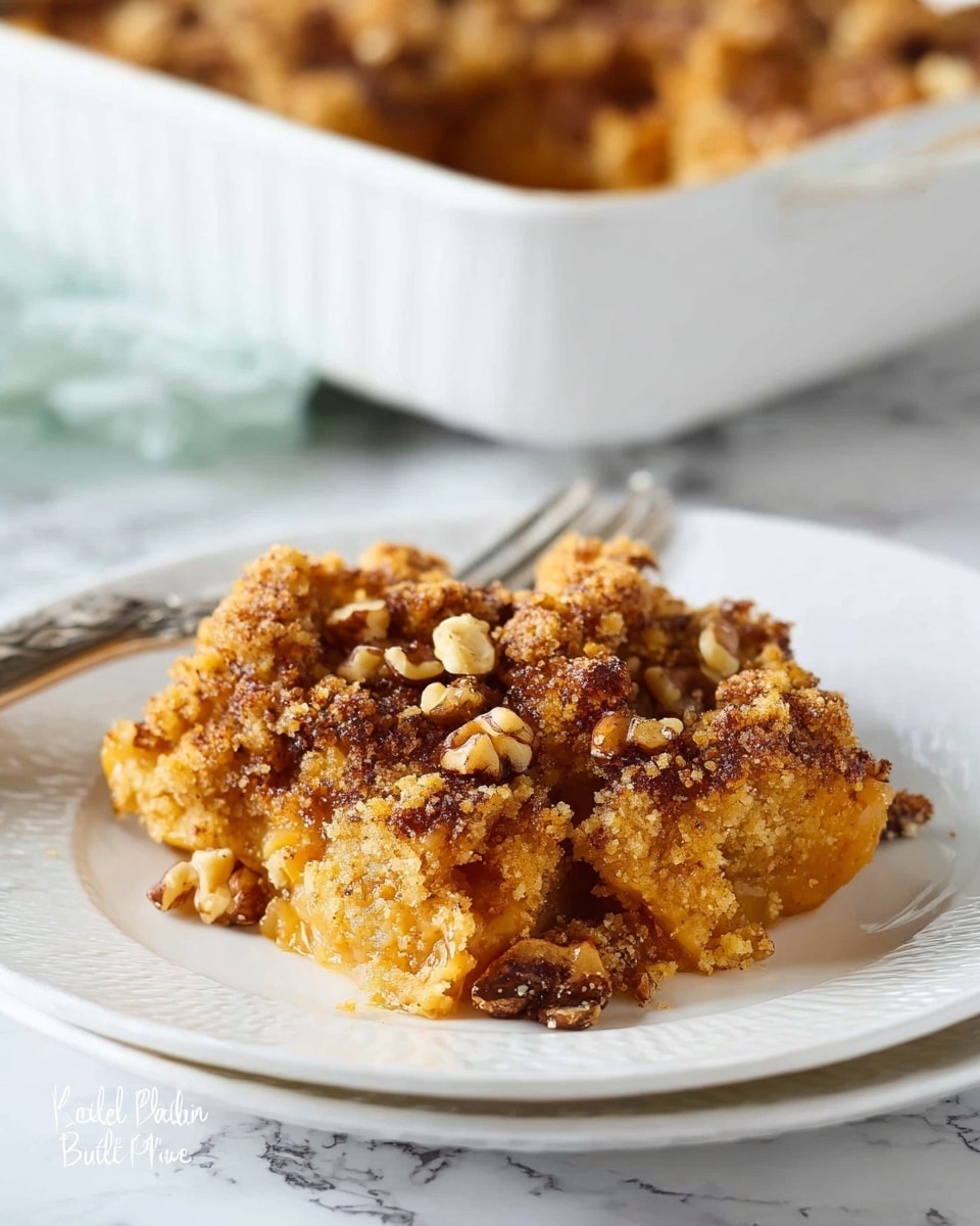 A white plate holds a serving of a baked dish with a golden brown crumbly topping that looks crunchy and textured. The dish has small walnut pieces scattered on top and mixed within, adding a nutty detail. The base layer beneath the crumbly top is a soft, light tan filling with a moist and slightly uneven surface, suggesting a warm, baked consistency. In the background, there is a white casserole dish with more of the baked dish inside, slightly out of focus, resting on a white marbled surface with a silver fork placed beside the plate. The overall scene is bright with natural lighting. photo taken with an iphone --ar 4:5 --v 7