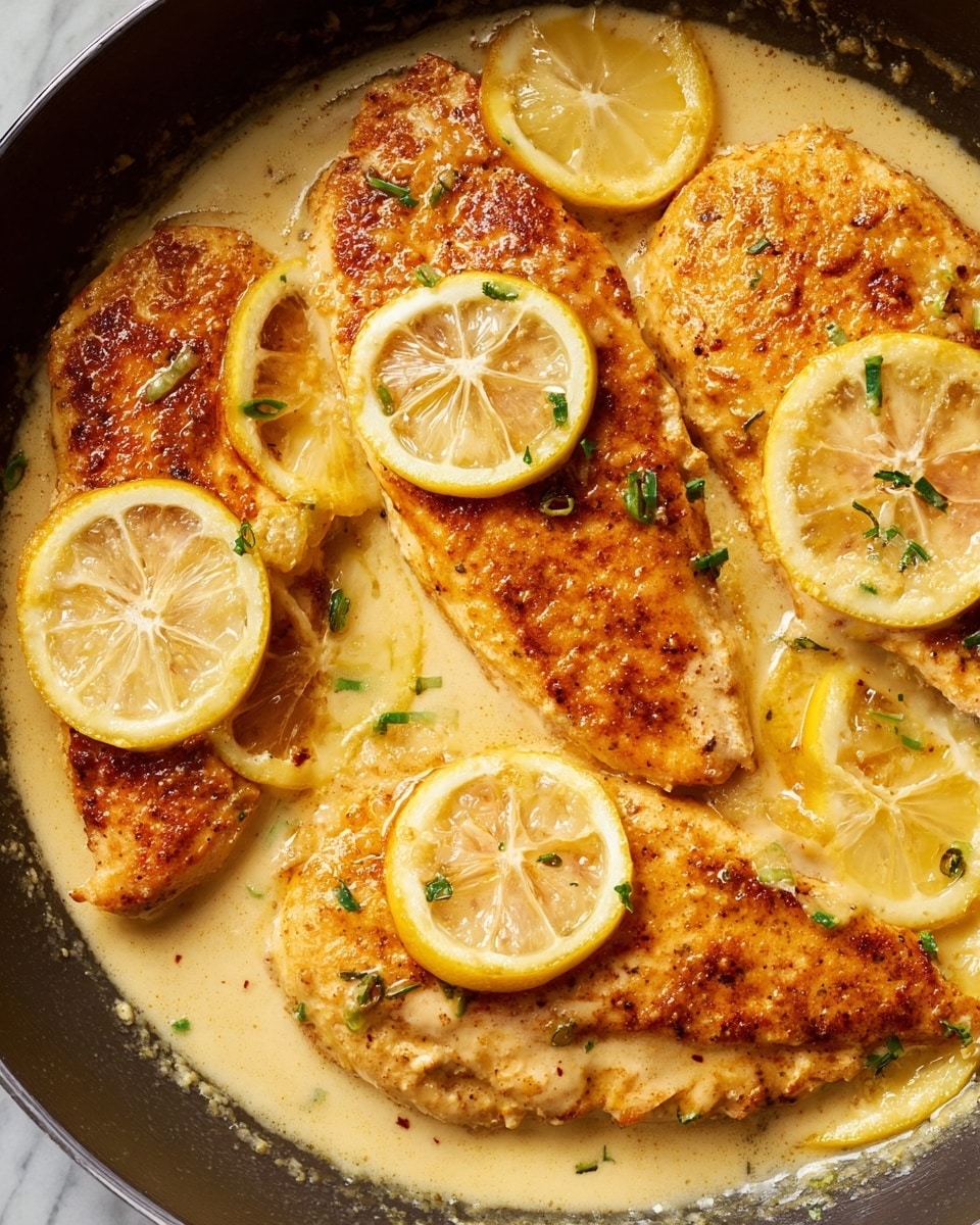 The image shows a close-up of four golden-brown cooked chicken breasts in a light creamy sauce. Each chicken breast has a slightly crispy, textured surface with a warm yellow color, and the sauce is smooth and glossy, pooling around the chicken. On top of the chicken breasts, there are thin, bright yellow lemon slices, some partly submerged in the sauce, with visible seeds and a slightly translucent look. Small green herb pieces are sprinkled evenly over the chicken and sauce, adding contrast. The dish is inside a dark pan, with a white marbled textured background visible at the edges. photo taken with an iphone --ar 4:5 --v 7