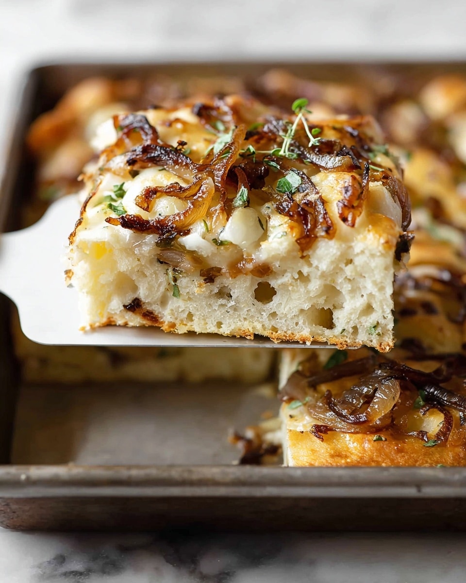A close-up of a square slice of thick focaccia bread being lifted with a white spatula from a metal baking pan, showing three visible layers: a bottom dense and soft golden-baked bread layer, a middle creamy melted cheese layer, and a top layer of caramelized golden-brown onions with some pieces slightly charred, garnished lightly with small green herbs. The background is a white marbled texture surface. Photo taken with an iphone --ar 4:5 --v 7
