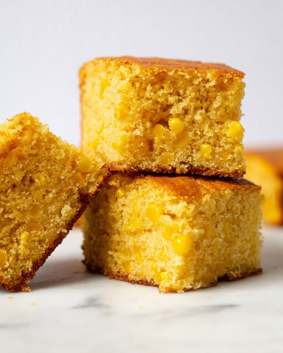 Three pieces of moist cornbread are shown on a white marbled surface. Two pieces are stacked on the right side, with golden-yellow kernels visible inside the crumb. The top piece is slightly raised, showing a soft, grainy texture with a light brown crust on the edges. The third piece leans against the stack on the left, emphasizing the crumbly texture and bright yellow corn pieces inside. The background is plain white, keeping the focus on the cornbread. Photo taken with an iphone --ar 4:5 --v 7