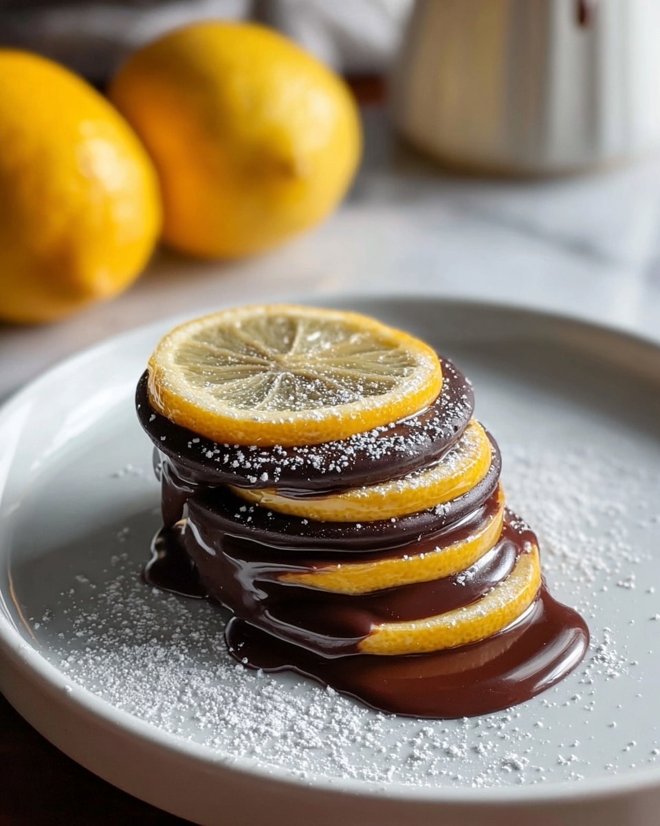 The image shows a dessert with four thick round layers stacked in a row on a white plate. Each layer alternates between dark glossy chocolate and thin, translucent yellow lemon slices. The bottom and second layers are smooth, shiny chocolate discs with some melted chocolate pooling around their edges. The first, third, and fourth layers are thin lemon slices with a gentle shine and visible texture of the fruit inside. Light powdered sugar is scattered on the white plate next to the dessert. The background is a white marbled texture with two yellow lemons and a white pottery object blurred in the back. Photo taken with an iphone --ar 4:5 --v 7