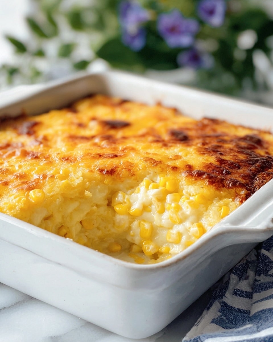 The image shows a white square baking dish filled with a corn casserole. It has two visible layers: the top layer is a golden-brown, melted cheese crust with browned edges, and the bottom layer is a creamy mixture of corn kernels and mashed potatoes or similar white base, slightly exposed where a piece has been scooped out. The texture of the top layer looks bubbly and slightly crispy, while the bottom layer looks soft and moist. The dish is placed on a white marbled surface with a bit of a blue-striped cloth underneath. Some green leaves and a purple flower are blurred in the background. Photo taken with an iphone --ar 4:5 --v 7
