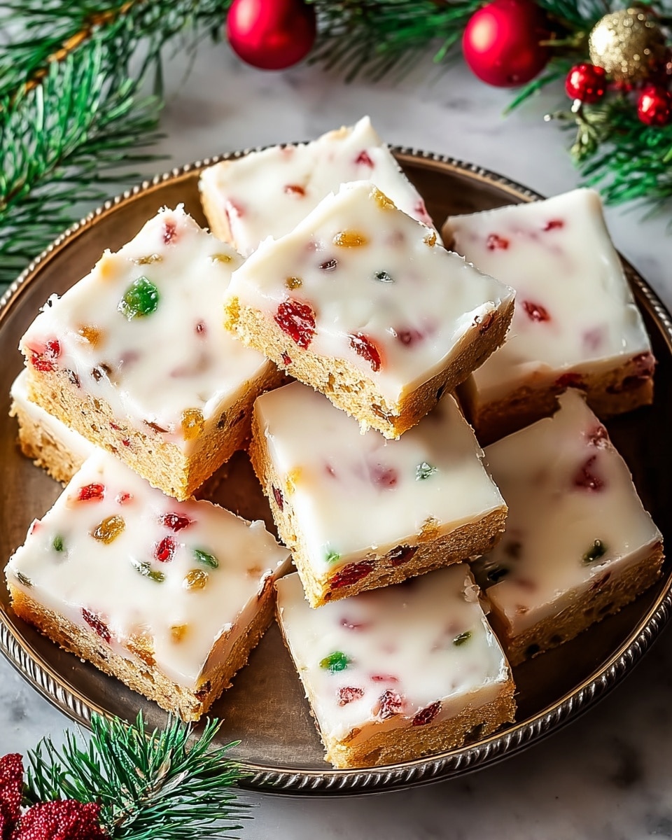 A metal tray holds eight square bars stacked loosely on top of each other, each bar has two layers: a light golden-brown base with a soft texture and a thick, smooth white glaze covering the top, speckled with small red and green bits that look like candied fruits. The bars have slightly crumbly edges, and the shiny glaze catches the light, giving a moist look. Around the tray, there are green pine branches and red Christmas decorations on a white marbled surface. photo taken with an iphone --ar 4:5 --v 7