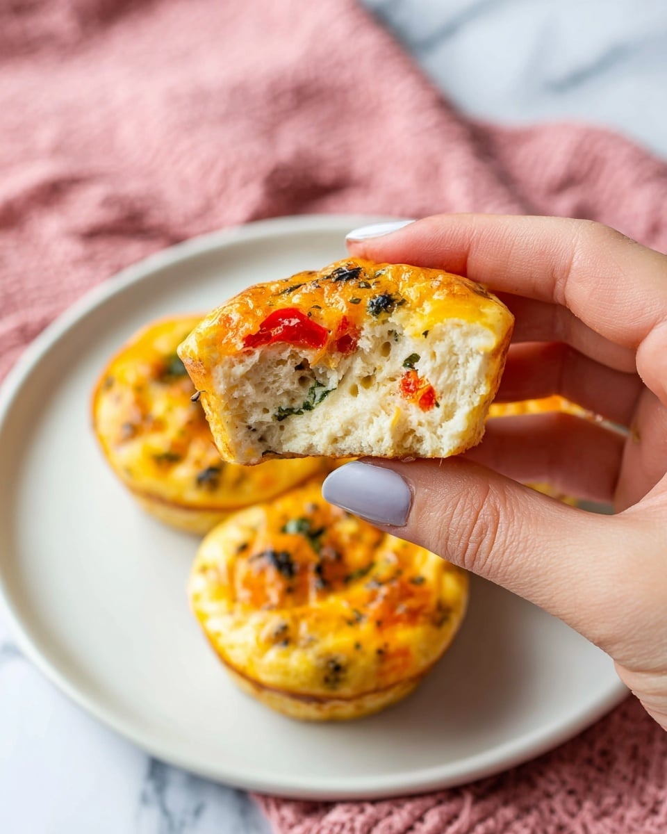 A white plate holds three small round baked egg muffins with a golden yellow top that looks slightly crispy. One muffin is held close to the camera by a woman's hand, showing a cross-section of three layers: a top golden yellow cheesy layer with small green herb pieces, a middle light beige fluffy egg layer, and a bottom white creamy layer with visible bright red roasted peppers and small green herbs. The background is a soft pink textured cloth on a white marbled surface. Photo taken with an iphone --ar 4:5 --v 7