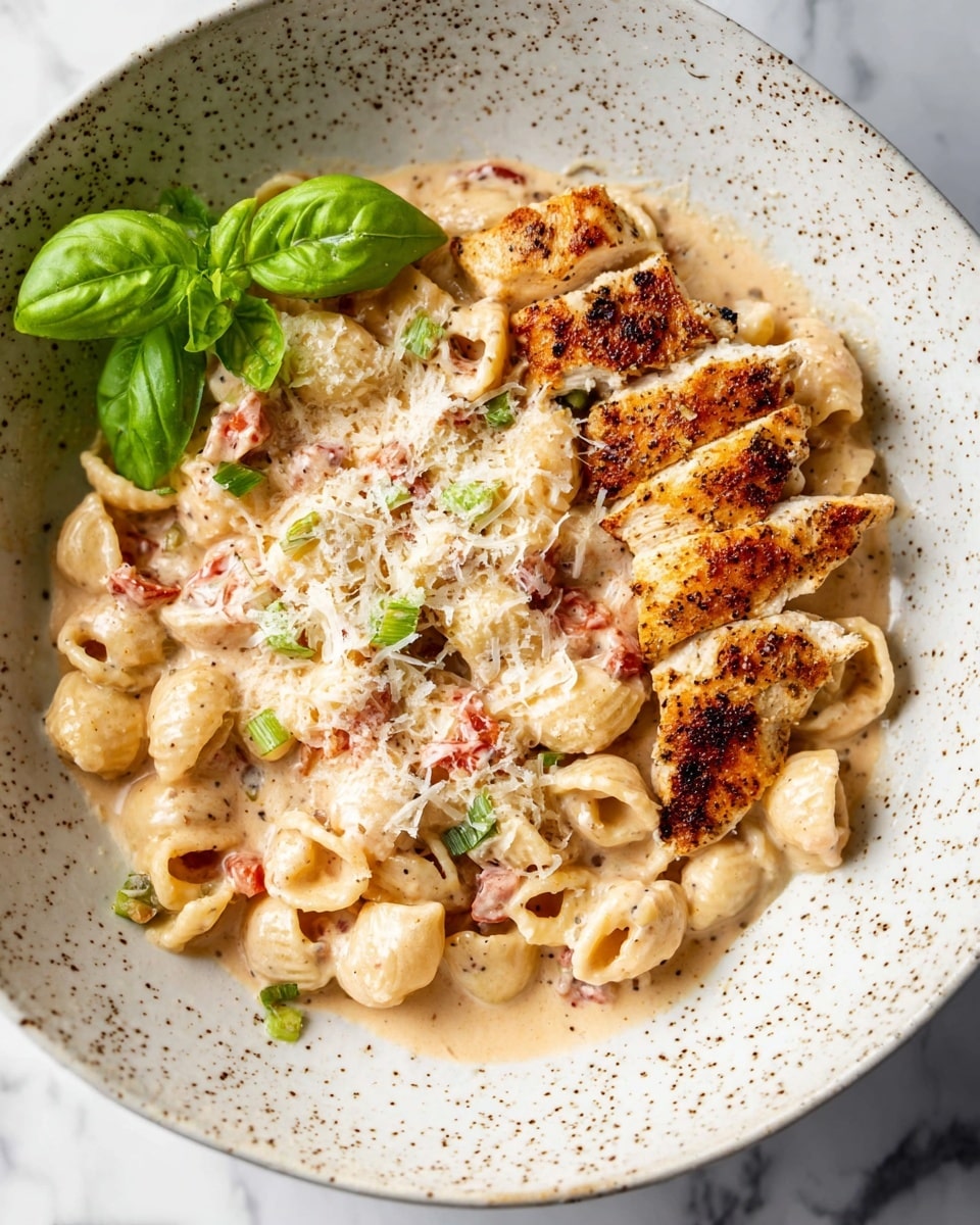 A white speckled deep plate holds a creamy pasta dish with small shell-shaped pasta covered in a rich, light beige sauce. There are small pieces of green onion and bits of red tomato mixed throughout the pasta, topped with finely grated white cheese. On the right side, there are three pieces of golden-brown grilled chicken breast covered partially in the same creamy sauce, showing a slight char and seasoning. A fresh green basil leaf garnish is placed on the left side of the plate, all set on a white marbled surface photo taken with an iphone --ar 4:5 --v 7