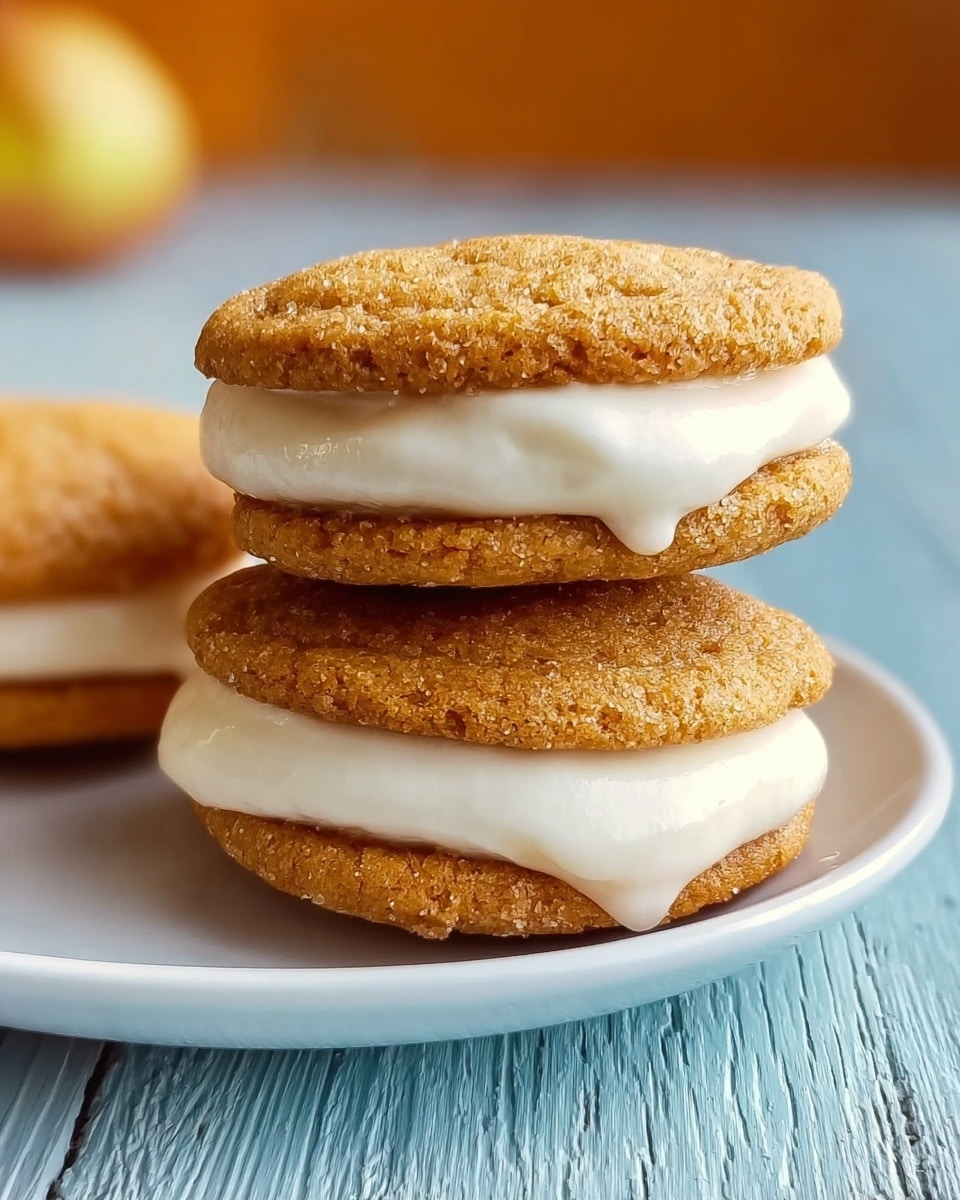 The image shows two sandwich cookies stacked and placed on a white plate. Each cookie has three layers: the top and bottom layers are golden-brown round cookies with a slightly coarse texture, and the middle layer is thick and smooth white cream filling that slightly oozes out from between the cookies. The plate rests on a white marbled surface with a soft blue wooden texture visible at the bottom edge. The background is softly blurred, showing warm colors. photo taken with an iphone --ar 4:5 --v 7