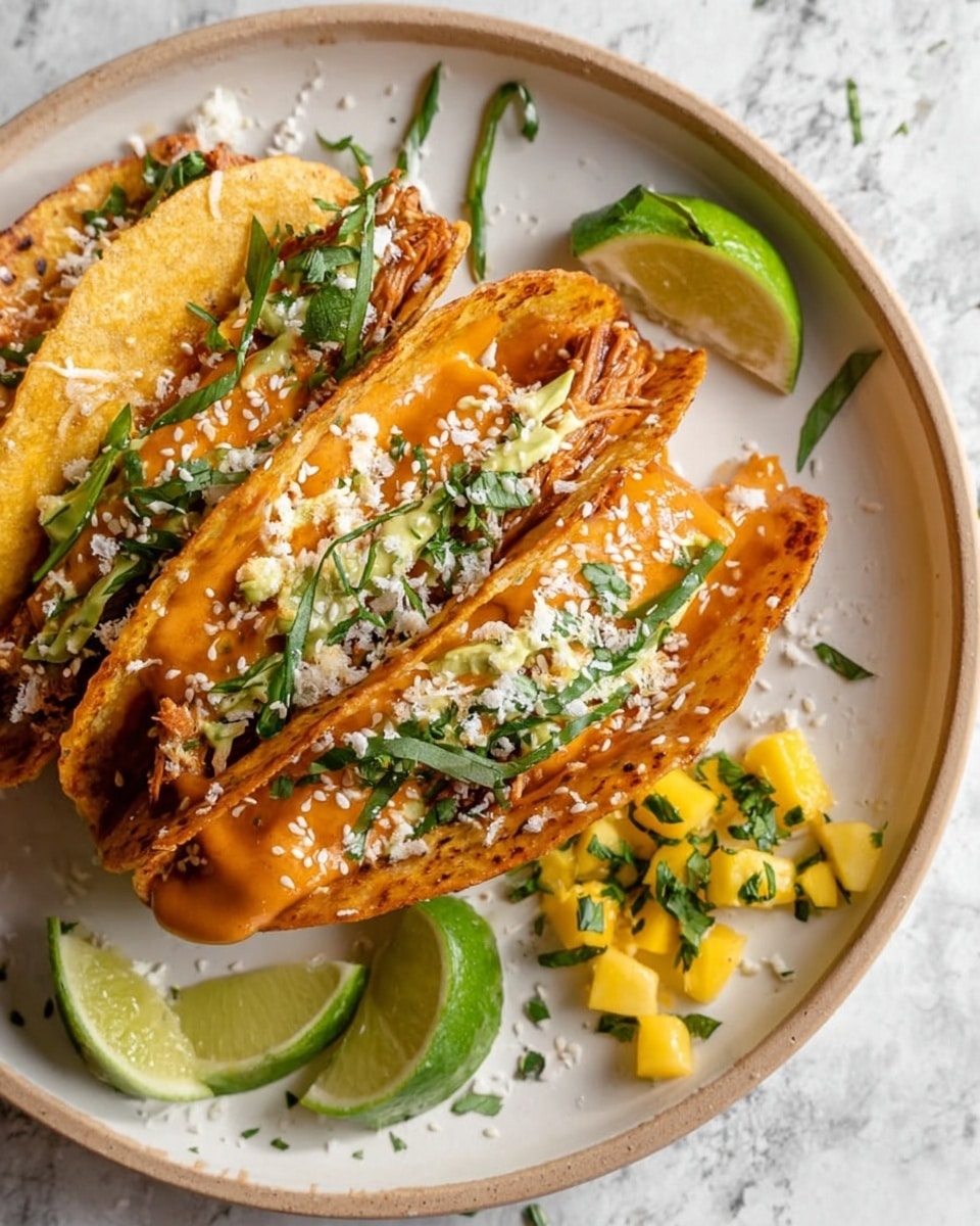 The image shows a crispy taco shell filled with a layered mix of orange sauce, shredded meat, and sprinkled white cheese on top. The taco is garnished with fresh green herbs and sesame seeds scattered on the filling. Around the taco, there are wedges of bright green lime and small pieces of diced yellow mango mixed with herbs. All this is arranged on a white plate placed on a white marbled textured surface. photo taken with an iphone --ar 4:5 --v 7