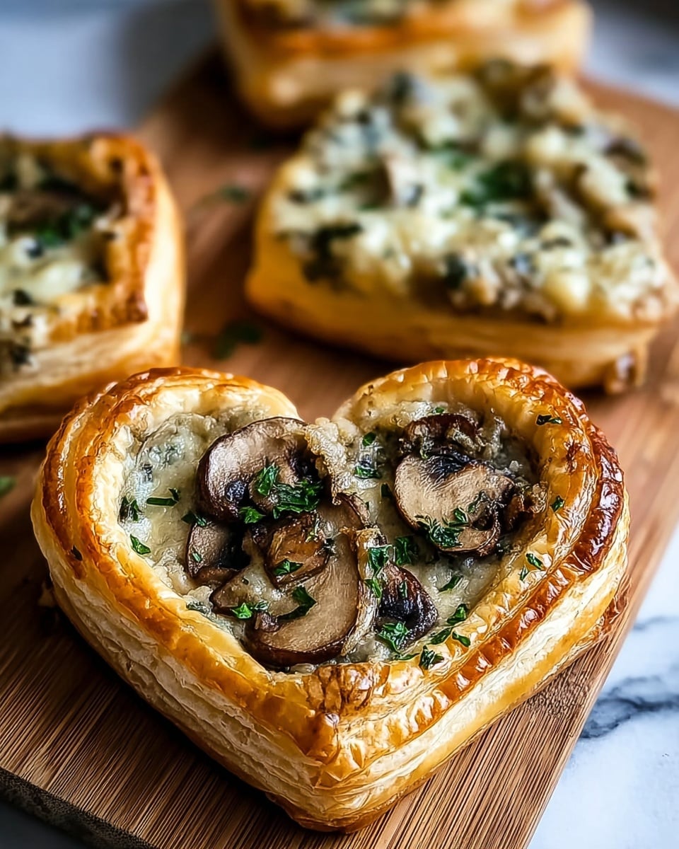 A close-up of a heart-shaped pastry with three layers: the bottom golden-brown flaky crust, a middle layer of melted light beige cheese mixed with small herb pieces, and the top layer featuring browned mushroom slices sprinkled with chopped green herbs. The pastry is placed on a wooden board with other similar pastries slightly visible in the background, and the surface beyond the board is a white marbled texture. photo taken with an iphone --ar 4:5 --v 7