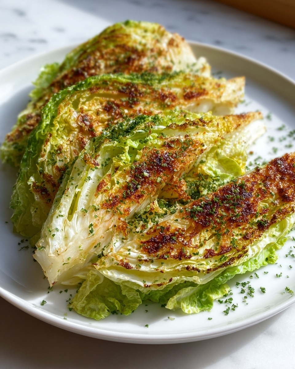 The image shows four wedges of grilled romaine lettuce arranged closely on a white plate, placed on a white marbled surface. Each lettuce wedge has a bright green outer leaf layer with a warm golden-yellow center, showing a mix of fresh crispness and charred edges. The surface of the lettuce wedges is glistening with oil and sprinkled with dark brown spices and small bits of herbs, giving a textured and flavorful look. The char marks create a slightly crispy, browned crust on parts of the lettuce, contrasting with the tender and moist inner leaves. Photo taken with an iphone --ar 4:5 --v 7