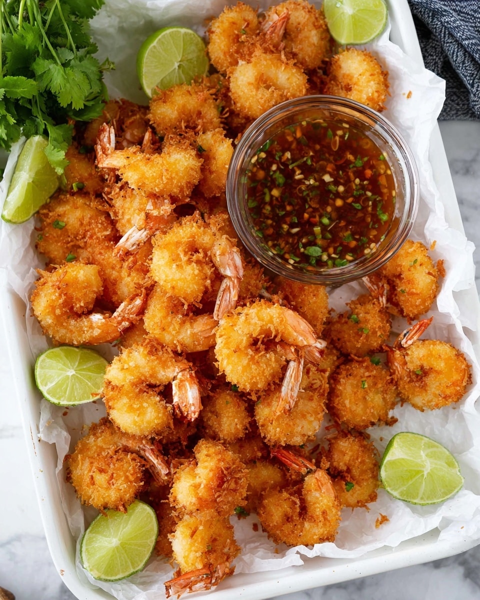 A white plate is filled with a pile of golden, crispy shrimp, each piece showing an outer crunchy coating with small white flakes sprinkled all over, giving a textured appearance. The shrimp are curled and arranged closely together, showcasing their bright pink tails peeking through the crispy layer. Small bits of green herbs are scattered on top, adding a pop of color to the golden brown and soft orange tones. In the background, a small white bowl holds a dark dipping sauce with visible seeds and herbs. The plate sits on a wooden board partially covered by a cloth, with a softly lit, white marbled surface underneath. photo taken with an iphone --ar 4:5 --v 7
