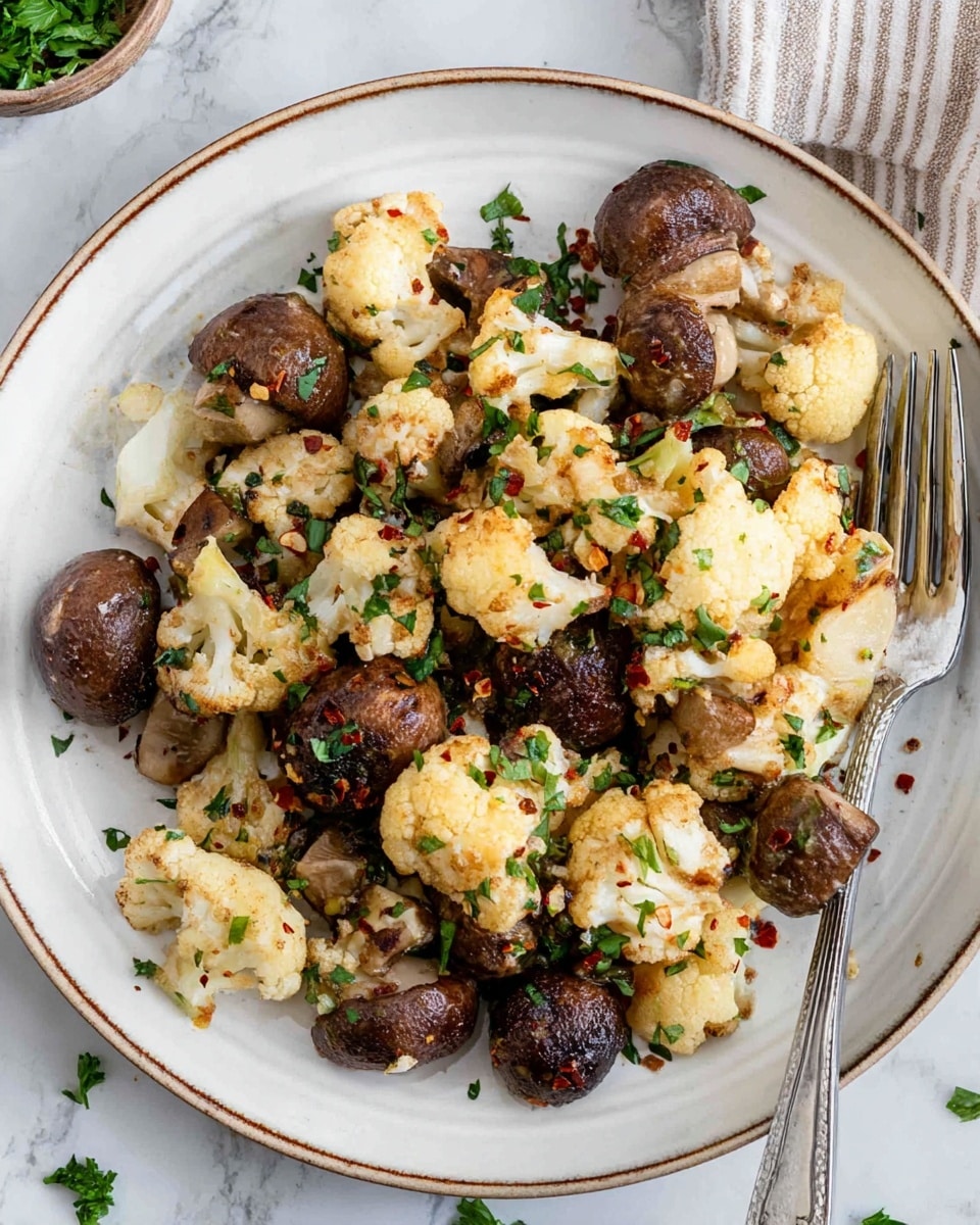 The image shows a frying pan filled with cooked cauliflower and whole brown mushrooms mixed evenly. The cauliflower pieces are small, off-white, and have a soft texture with light browning spots. The mushrooms are round, dark brown, and slightly shiny from cooking. Small bits of cooked onion and green chopped herbs are scattered on top, adding color contrast. The pan is dark grey with a speckled pattern and a silver handle. The background is a white marbled texture with a striped beige and white cloth at the top left corner and three whole brown mushrooms at the bottom left. photo taken with an iphone --ar 4:5 --v 7