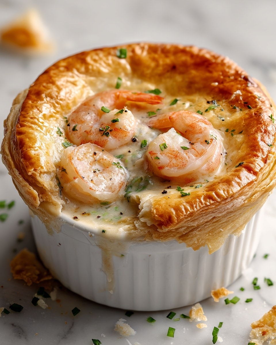 A white ceramic ramekin filled with a baked dish showing three layers: a golden brown, fluffy biscuit crust on top with a rough texture, underneath a creamy white sauce dotted with small herbs and black pepper, and several plump shrimp with a light pink and white color arranged on the creamy layer, garnished with finely chopped green herbs and black pepper flakes, sitting on a white marbled surface. Photo taken with an iphone --ar 4:5 --v 7