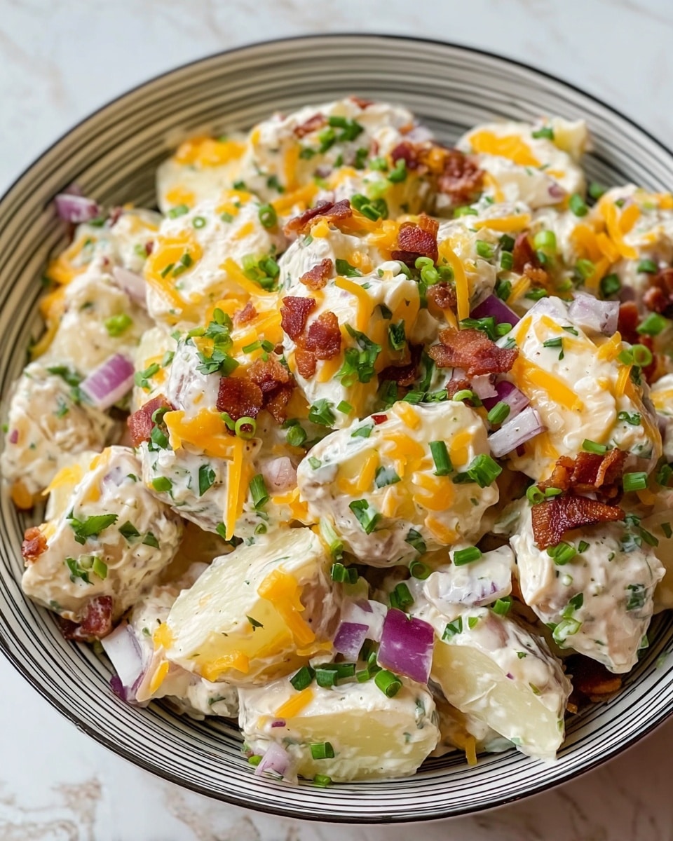 The image shows a bowl filled with creamy potato salad that has several layers of ingredients mixed together. The main layer is light yellow cooked potato chunks with a creamy white dressing that coats each piece. Small pieces of crispy brown bacon and bits of shredded orange cheddar cheese are spread evenly throughout. There are finely chopped green herbs and scallions adding pops of green color on top and around the potatoes. Small pieces of diced purple onions add a little contrast throughout the salad. The salad is inside a white bowl with thin black circular lines, placed on a white marbled surface. photo taken with an iphone --ar 4:5 --v 7