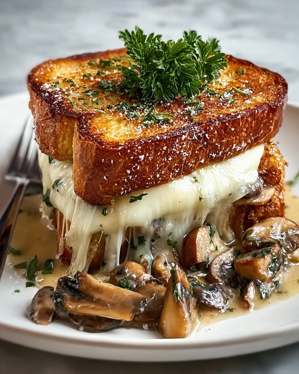 A grilled sandwich with two thick golden-brown toasted bread slices, crispy and slightly glossy on the top layer, sprinkled with green herbs and coarse salt, topped with a small bunch of fresh curly parsley. Between the bread slices, there is a thick layer of melted white cheese oozing out, smooth and stretchy, covering sautéed brown mushrooms that spill out onto the white plate beneath. The mushrooms are sliced, cooked, and shiny with a light sauce, mixed with specks of green herbs. The plate sits on a white marbled textured surface, and a silver fork is partially visible on the lower left side of the image. photo taken with an iphone --ar 4:5 --v 7