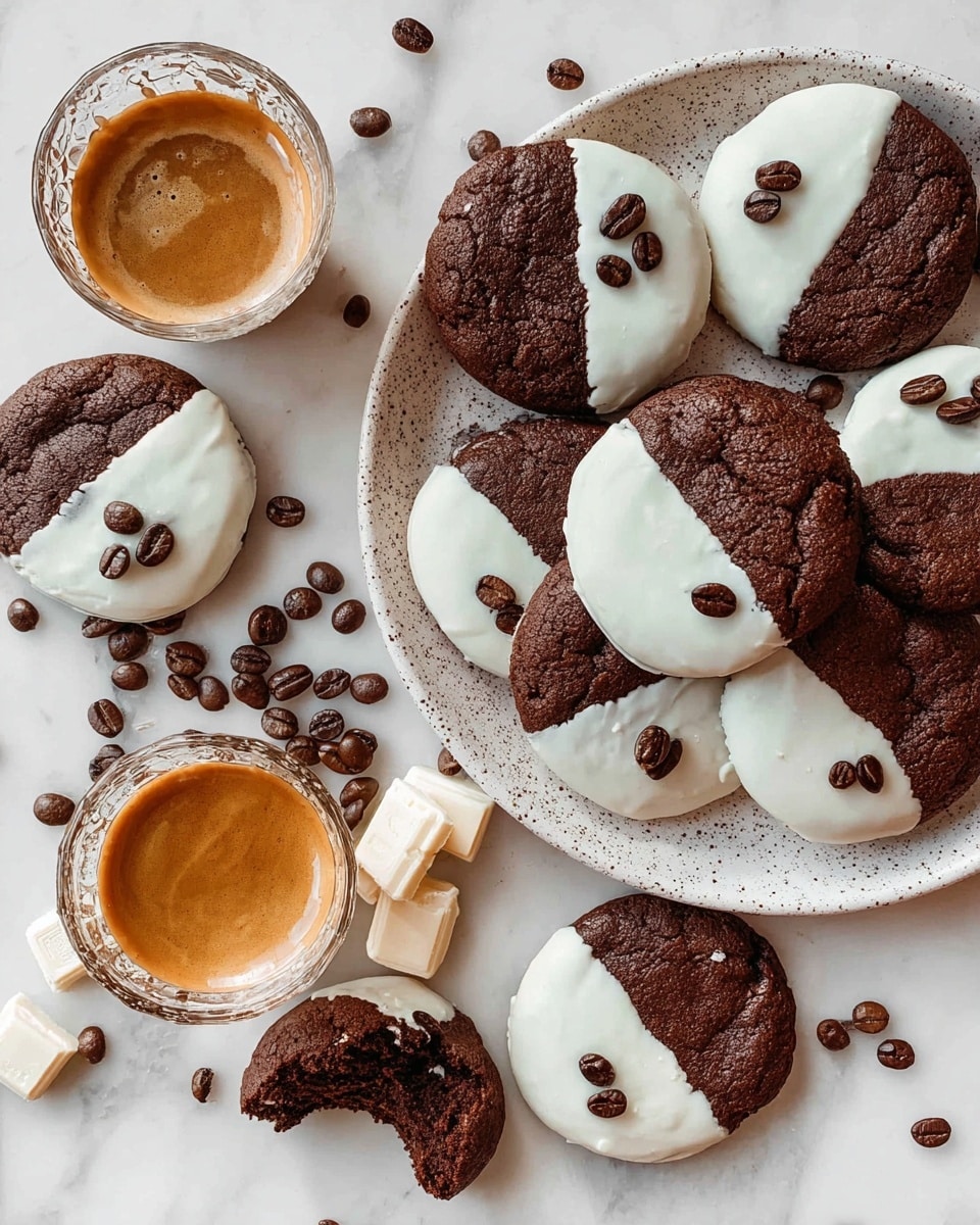 The image shows several dark brown chocolate cookies, each dipped halfway in a smooth white coating that covers the top half, decorated with three dark brown coffee beans placed near the center of the white frosting. Some cookies are whole, and some are broken, showing a soft and crumbly inside. A white plate with speckled texture holds a small glass cup of rich, dark golden espresso surrounded by scattered coffee beans. To the side, there is a white cup filled with light brown coffee topped with three coffee beans. White chocolate shards and coffee beans are scattered around on a white marbled texture background. photo taken with an iphone --ar 4:5 --v 7