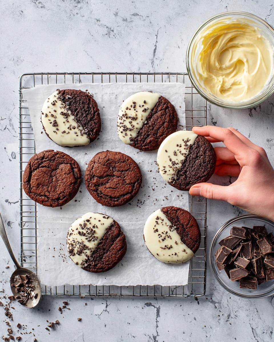 The image shows seven round chocolate cookies with a cracked, slightly rough texture on a wire cooling rack placed over white parchment paper, all set on a white marbled textured surface. Four of the cookies are dipped halfway in smooth, shiny white chocolate on one side with small dark chocolate chunks sprinkled on top. A woman's hand is adding more dark chocolate chunks to one of the dipped cookies. To the right of the rack, there is a clear glass bowl filled with creamy white chocolate and another smaller bowl containing chopped dark chocolate pieces. A spoon with some white chocolate on it rests on the marbled surface near the bottom left corner. photo taken with an iphone --ar 4:5 --v 7
