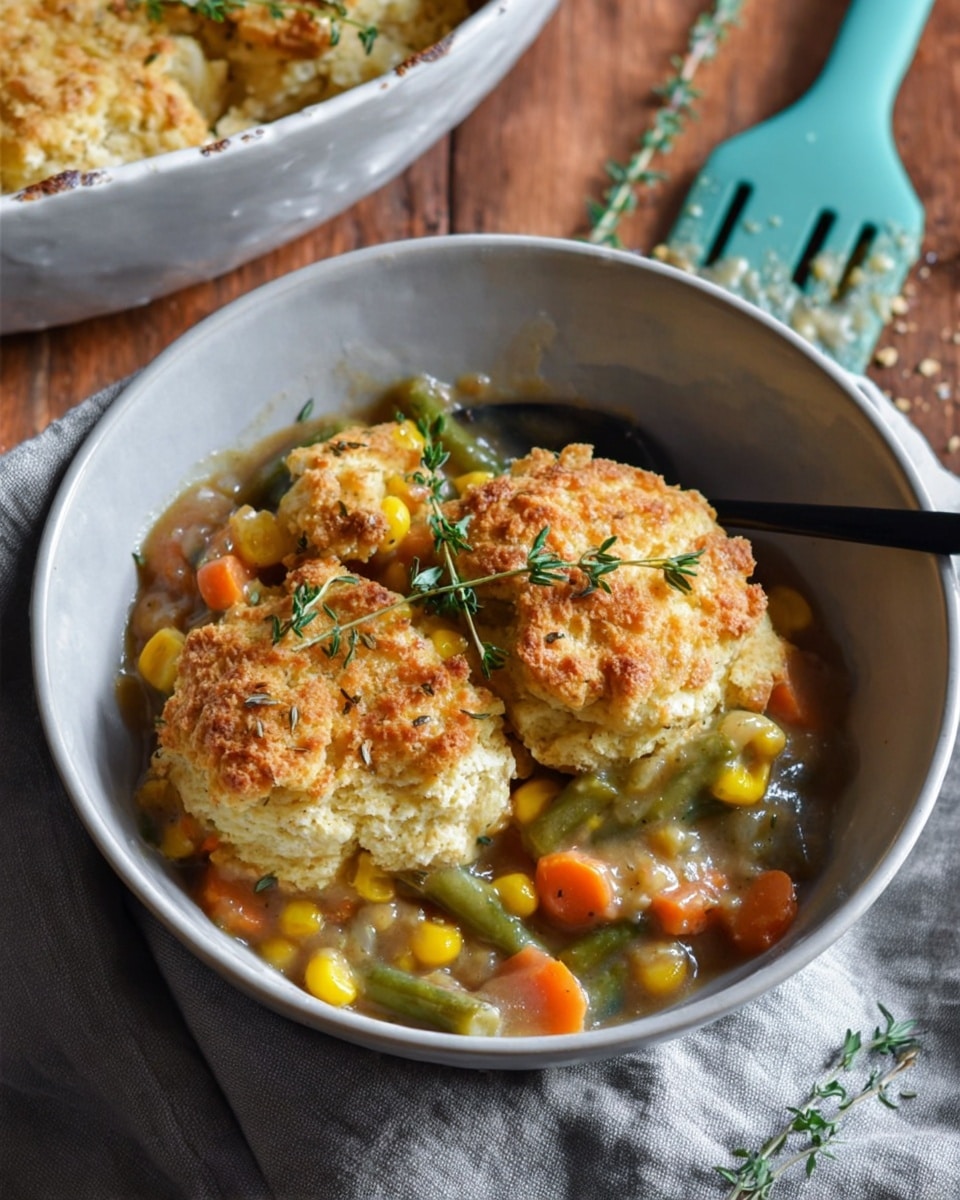 A white bowl contains a creamy vegetable stew topped with three golden brown, lightly crispy biscuit pieces. The stew layer shows a mix of colorful vegetables including orange carrots, yellow corn, and green beans in a thick, glossy sauce. Fresh green thyme sprigs lie on top, adding a touch of freshness and contrast to the warm tones. The bowl is placed on a soft grey cloth on a wooden surface, and a black spoon is partially visible inside the bowl. In the background, part of a white dish filled with more stew and biscuits is visible, along with a turquoise spatula. Photo taken with an iphone --ar 4:5 --v 7