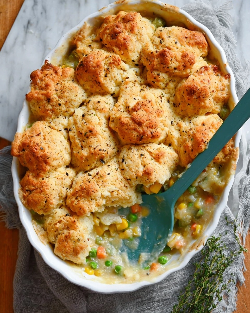 A white oval baking dish filled with a golden brown baked casserole topped with large, fluffy biscuit-like pieces that have a slightly crispy and cracked surface with a sprinkle of black pepper. The biscuit layer is uneven with some pieces risen more prominently, revealing a soft, light texture underneath. Beneath the biscuit topping, a creamy mixture with visible green peas and yellow corn kernels can be seen, creating a colorful contrast. A teal serving spatula scoops out a portion, showing the thick, creamy vegetable filling inside. The dish rests on a white marbled surface with a gray cloth and a sprig of green herb beside it. Photo taken with an iphone --ar 4:5 --v 7
