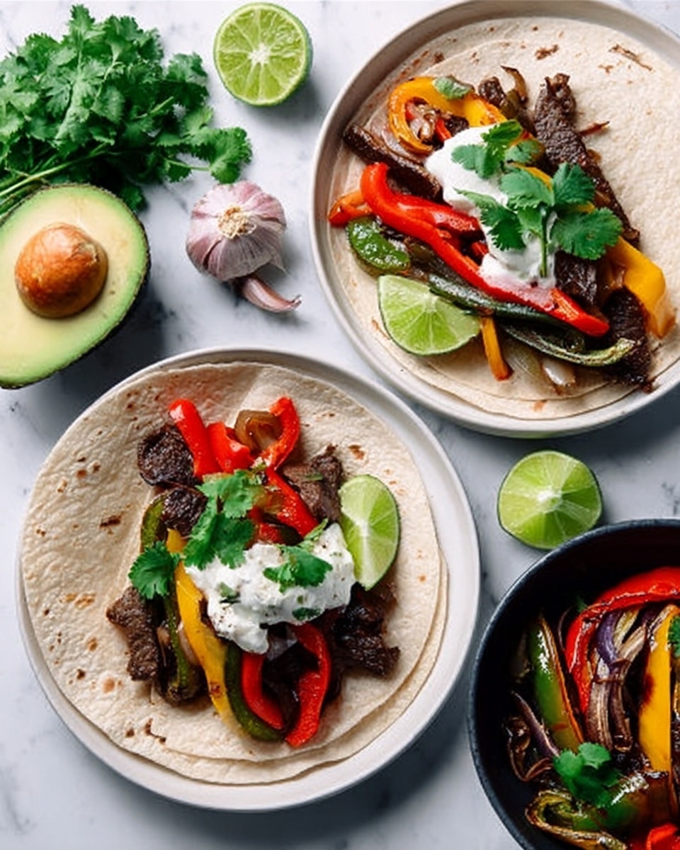 The image shows two white plates each holding a soft tortilla wrap filled with several layers. The first layer inside the tortilla is grilled dark brown pieces of meat, topped with bright slices of red and yellow bell peppers and onions. There are dollops of white sour cream on top, along with some chopped green cilantro leaves. A wedge of lime is placed on the side inside the tortilla. Surrounding the plates are a halved avocado with a large brown pit visible, a lime cut in half, a clove of garlic, a small bunch of fresh green cilantro in a white bowl, and a black bowl filled with more grilled vegetables. The background surface is a white marbled texture. Photo taken with an iphone --ar 4:5 --v 7